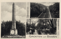 7226 Collage van gezichten te Baarn:- Gedenknaald van Waterloo.- Spoorlijn.- Wilhelminavijver.